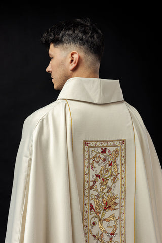 Ecru chasuble with IHS embroidery and gold-satin trimming