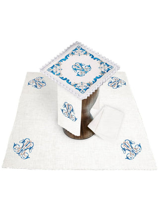 Linen chalice linen with blue Marian embroidery - LITURGICAL SHOP