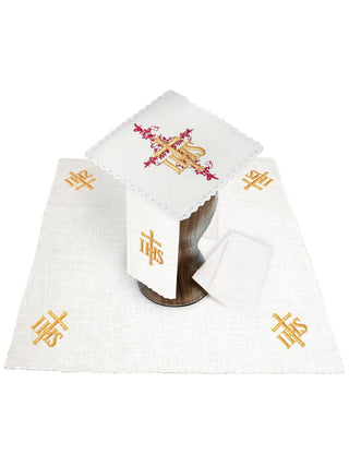 Linen chalice set embroidered IHS Red - LITURGICAL SHOP