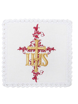 Linen chalice set embroidered IHS Red - LITURGICAL SHOP