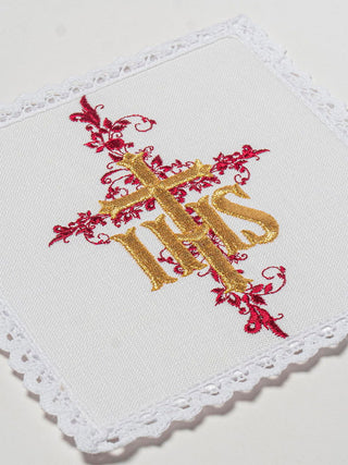 Linen chalice set embroidered IHS Red - LITURGICAL SHOP