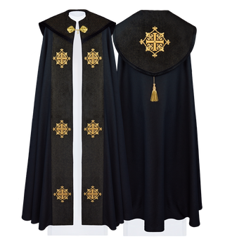 Liturgical cape with black velvet belt and embroidery of crosses - LITURGICAL SHOP