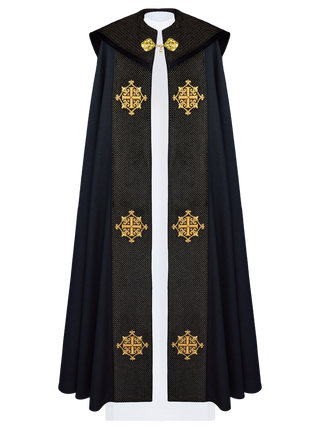 Liturgical cape with black velvet belt and embroidery of crosses - LITURGICAL SHOP