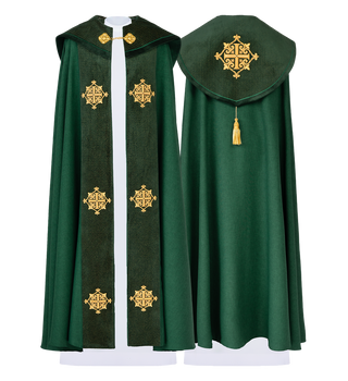 Liturgical cape with green velvet belt and embroidery of crosses - LITURGICAL SHOP