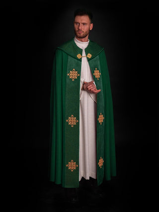 Liturgical cape with green velvet belt and embroidery of crosses - LITURGICAL SHOP