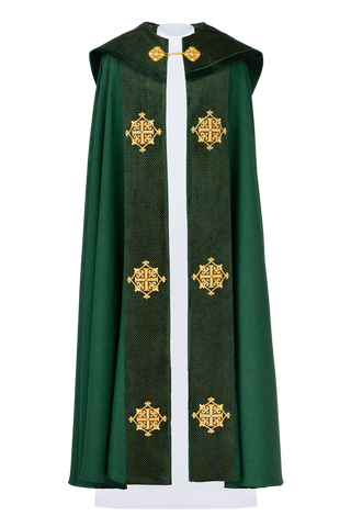 Liturgical cape with green velvet belt and embroidery of crosses - LITURGICAL SHOP