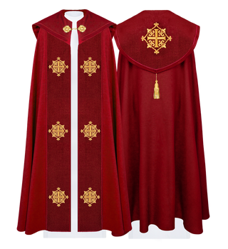 Liturgical cape with red velvet belt and embroidery of crosses - LITURGICAL SHOP