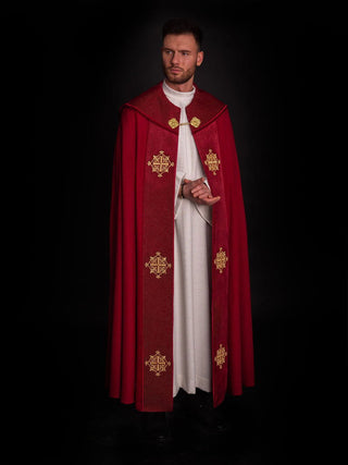 Liturgical cape with red velvet belt and embroidery of crosses - LITURGICAL SHOP