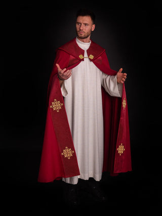 Liturgical cape with red velvet belt and embroidery of crosses - LITURGICAL SHOP