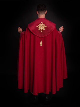 Liturgical cape with red velvet belt and embroidery of crosses - LITURGICAL SHOP