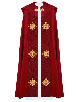 Liturgical cape with red velvet belt and embroidery of crosses - LITURGICAL SHOP