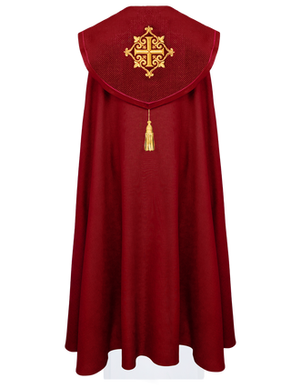 Liturgical cape with red velvet belt and embroidery of crosses - LITURGICAL SHOP