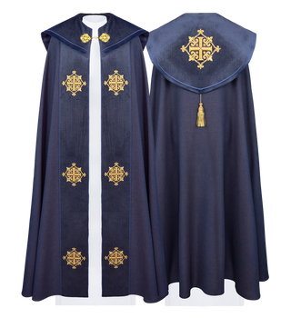 Liturgical cape with velvet purple belt and embroidery of crosses - LITURGICAL SHOP