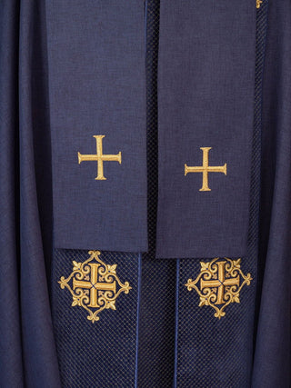 Liturgical cape with velvet purple belt and embroidery of crosses - LITURGICAL SHOP