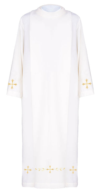 Plain priest's robe with turtleneck and cross embroidery White - LITURGICAL SHOP