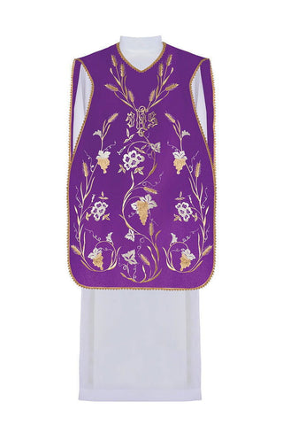 Purple Roman chasuble with motif of IHS, ears and grapes - LITURGICAL SHOP