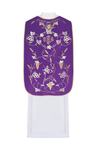 Purple Roman chasuble with motif of IHS, ears and grapes - LITURGICAL SHOP