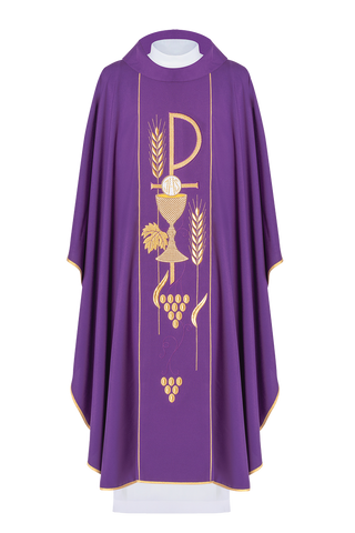 Purple chasuble embroidered with IHS chalice pattern - LITURGICAL SHOP