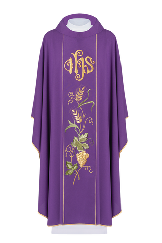 Purple chasuble on belt with embroidery of IHS, ears and grapes - LITURGICAL SHOP