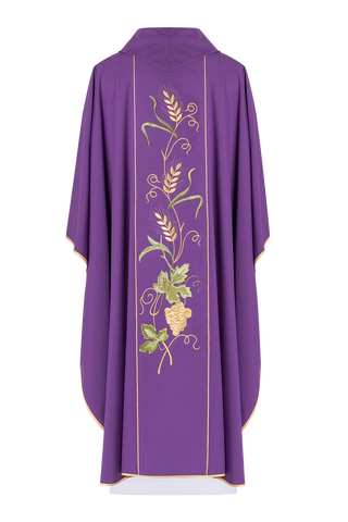 Purple chasuble on belt with embroidery of IHS, ears and grapes - LITURGICAL SHOP