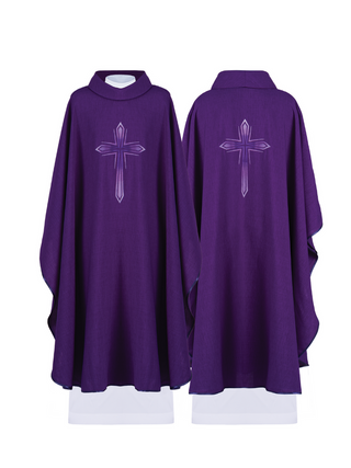 Purple chasuble with cross embroidery and purple piping - LITURGICAL SHOP