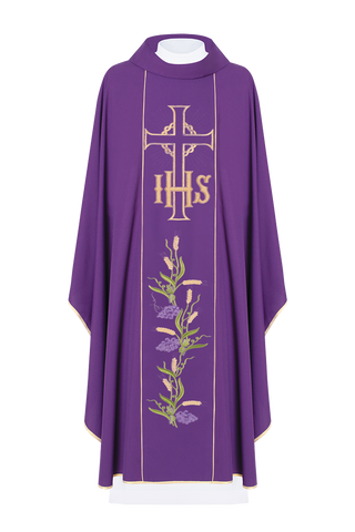 Purple chasuble with decorated gold belt with IHS and ears - LITURGICAL SHOP