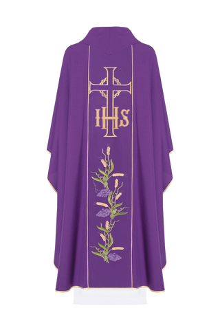 Purple chasuble with decorated gold belt with IHS and ears - LITURGICAL SHOP