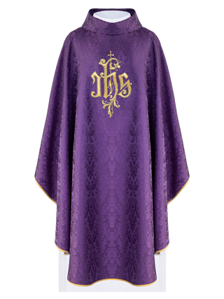 Purple chasuble with embroidered IHS motif on decorative fabric - LITURGICAL SHOP