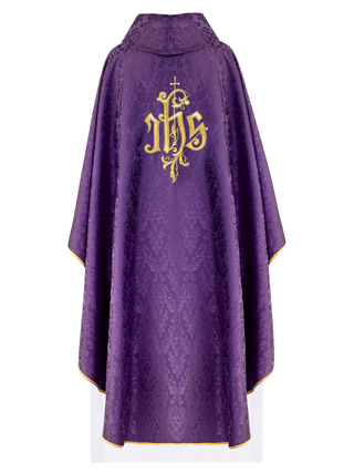 Purple chasuble with embroidered IHS motif on decorative fabric - LITURGICAL SHOP