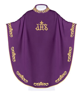 Purple chasuble with gold IHS embroidery and decorative trim - LITURGICAL SHOP