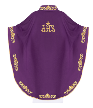 Purple chasuble with gold IHS embroidery and decorative trim - LITURGICAL SHOP