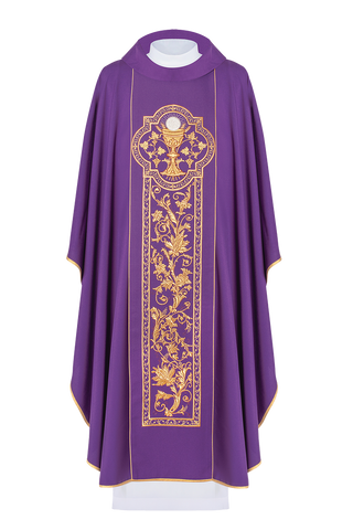 Purple chasuble with richly decorated wide belt with eucharistic chalice motif - LITURGICAL SHOP