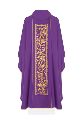 Purple chasuble with richly decorated wide belt with eucharistic chalice motif - LITURGICAL SHOP