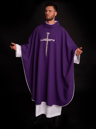 Purple chasuble with silver embroidered Cross for Lent - LITURGICAL SHOP