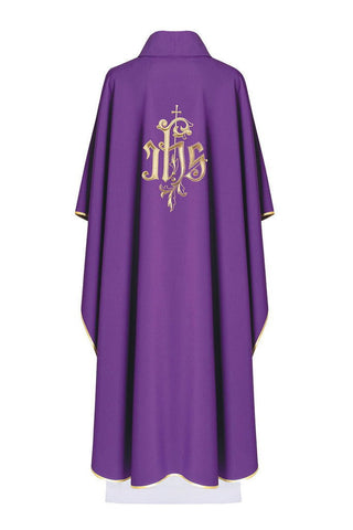 Purple chasuble with wide collar and gold IHS embroidery - LITURGICAL SHOP