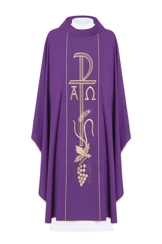 Purple chasuble with wide embroidered gold Alpha and Omega belt - LITURGICAL SHOP