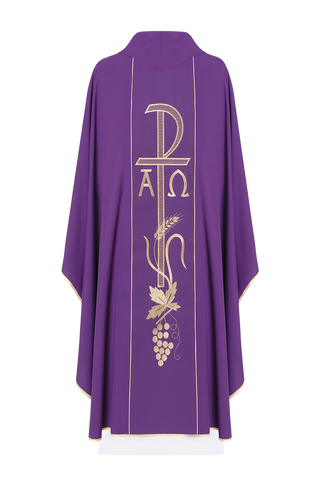 Purple chasuble with wide embroidered gold Alpha and Omega belt - LITURGICAL SHOP