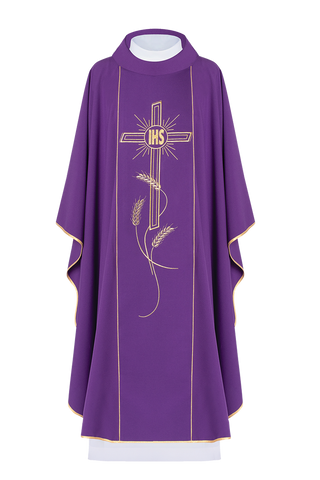 Purple chasuble with wide gold embroidered stripe IHS cross - LITURGICAL SHOP