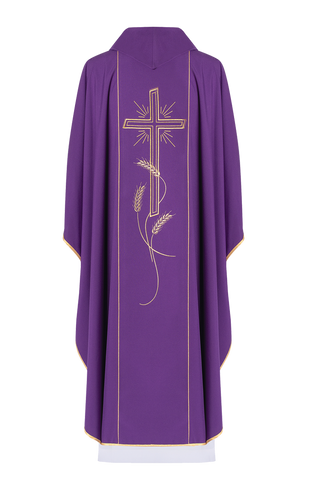 Purple chasuble with wide gold embroidered stripe IHS cross - LITURGICAL SHOP