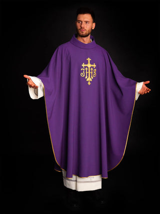 Purple embroidered chasuble with cross and ihs - LITURGICAL SHOP