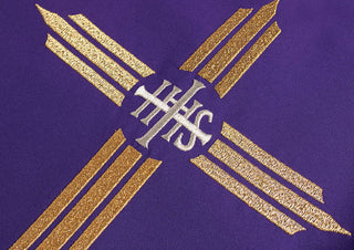 Purple embroidered chasuble with wide collar and IHS Cross - LITURGICAL SHOP