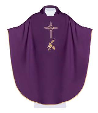 Purple embroidered chasuble with wide collar and IHS motif - LITURGICAL SHOP