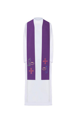 Purple embroidered priest's stole Fish Bread Cross - LITURGICAL SHOP