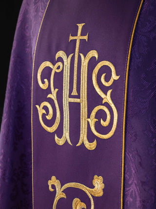 Purple liturgical chasuble with richly decorated IHS belt - LITURGICAL SHOP