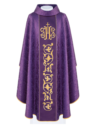 Purple liturgical chasuble with richly decorated IHS belt - LITURGICAL SHOP