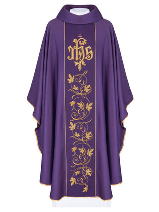 Purple liturgical chasuble with richly decorated belt with floral motif and IHS - LITURGICAL SHOP