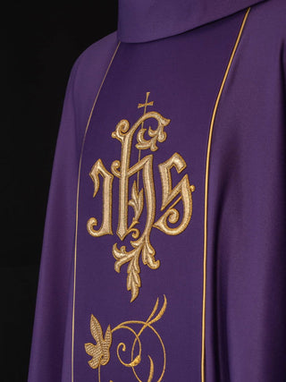 Purple liturgical chasuble with richly decorated belt with floral motif and IHS - LITURGICAL SHOP