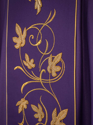 Purple liturgical chasuble with richly decorated belt with floral motif and IHS - LITURGICAL SHOP