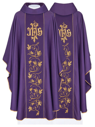 Purple liturgical chasuble with richly decorated belt with floral motif and IHS - LITURGICAL SHOP