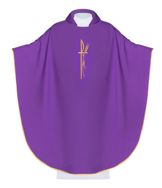 Purple liturgical chasuble with wide collar and delicately embroidered cross - LITURGICAL SHOP